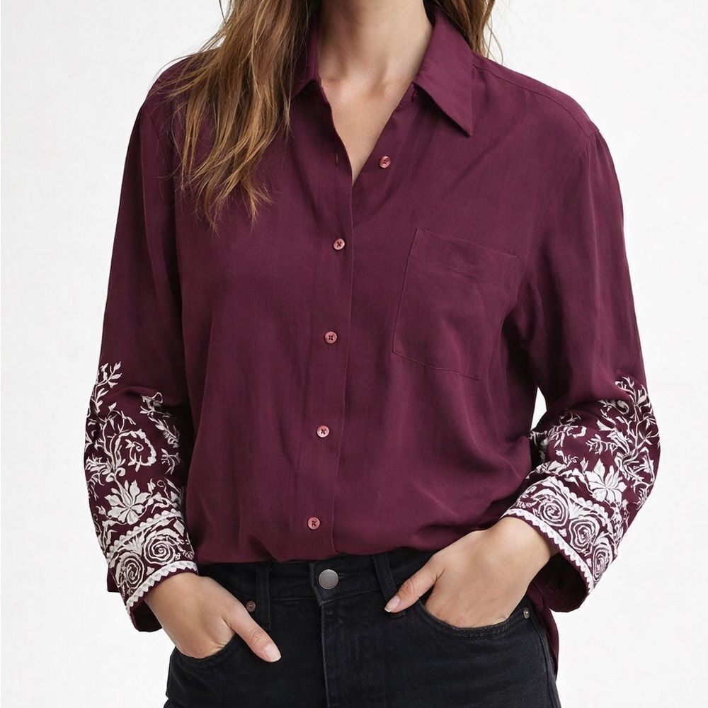 Revolve Equipment Embroidered Purple Button Up Collared Blouse Top Size M